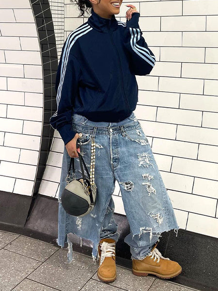 Double-Waist Ripped Jeans