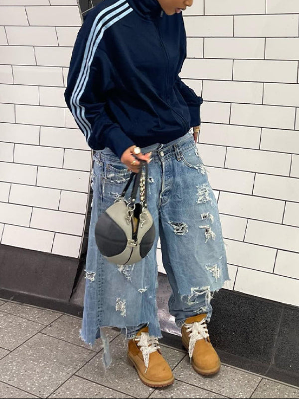 Double-Waist Ripped Jeans