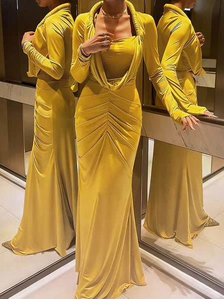 Cowl-Neck Ruched Maxi Dress