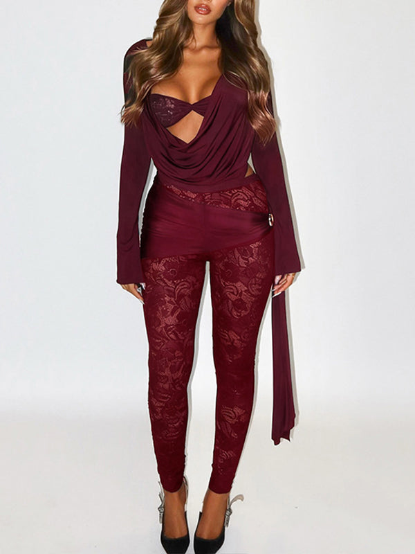 Cowl-Neck Top & Lace Pants Set