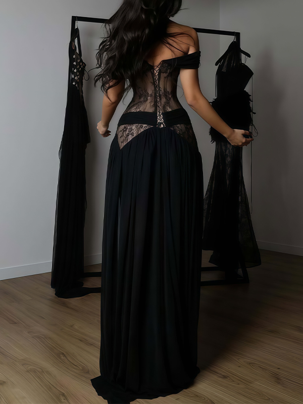 Lace-Combo Slit Maxi Dress