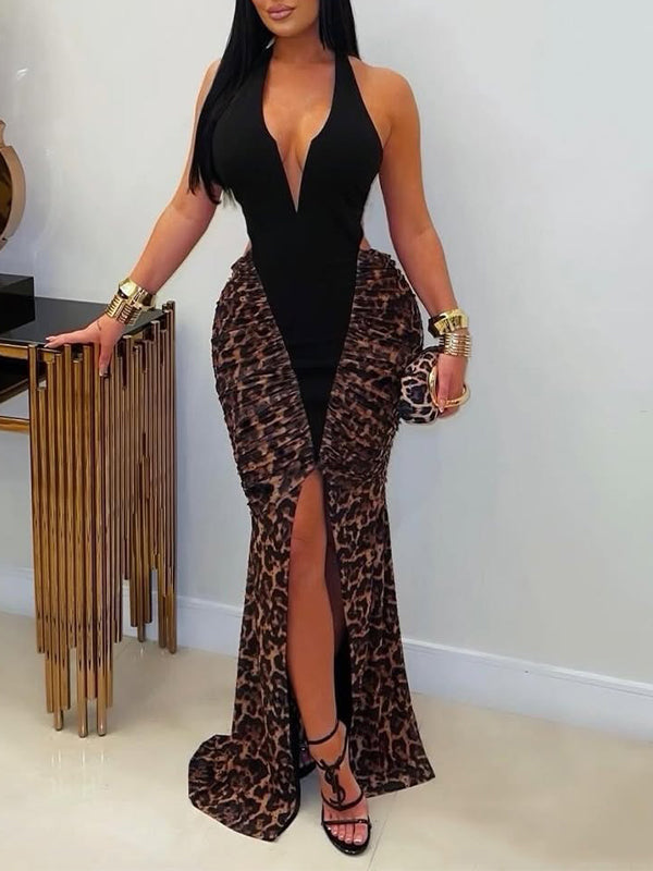 Leopard Combo Halter Dress
