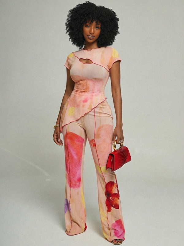 Printed Cutout Top & Pants Set
