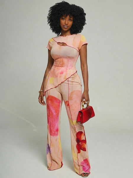 Printed Cutout Top & Pants Set