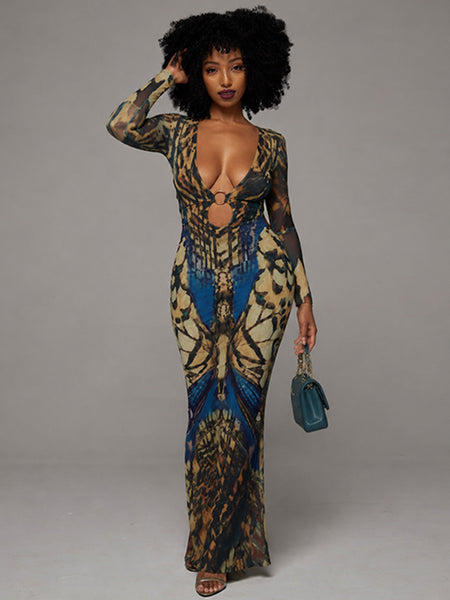 Printed V-Neck Slit Dress