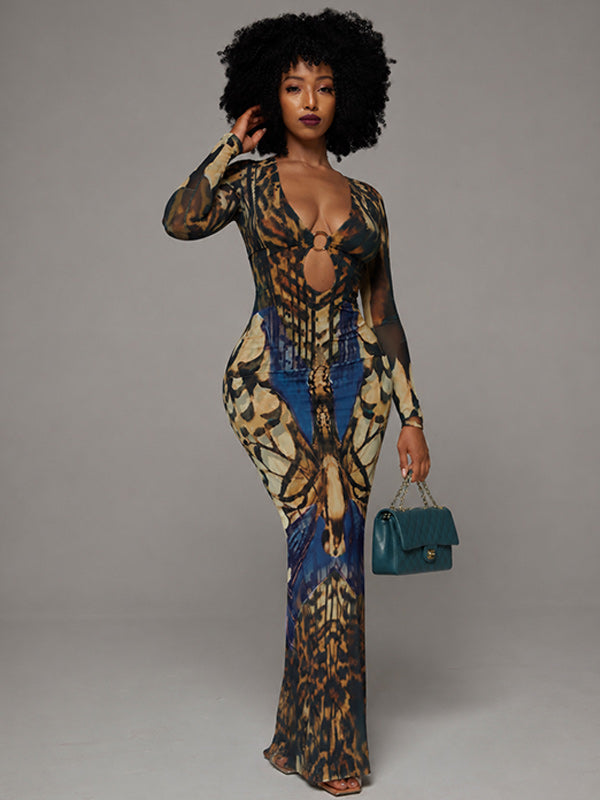 Printed V-Neck Slit Dress