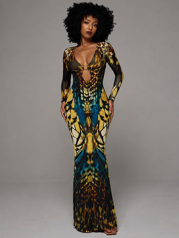 Printed V-Neck Slit Dress