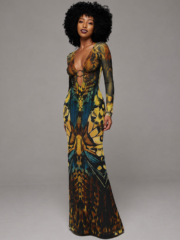 Printed V-Neck Slit Dress