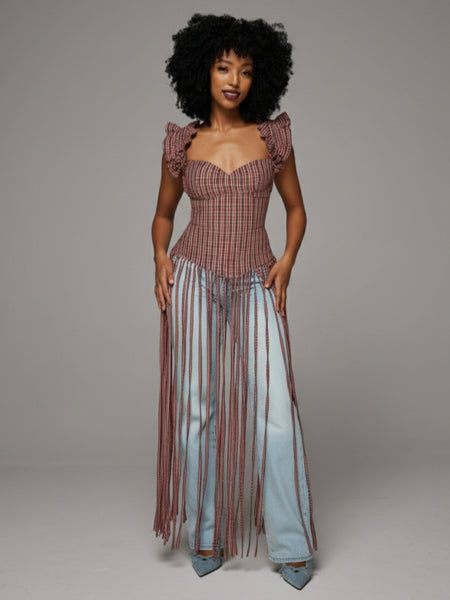 Plaid Halter Fringe Top