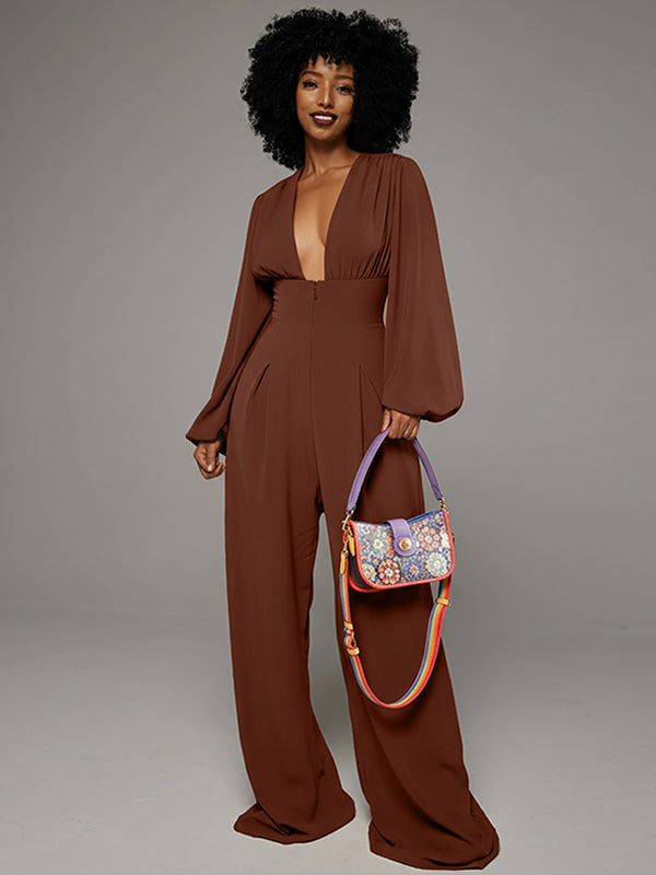 Deep-V Neck Wide-Leg Jumpsuit