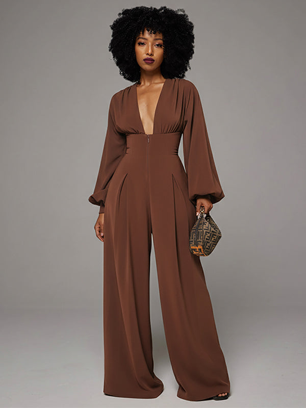 Deep-V Neck Wide-Leg Jumpsuit
