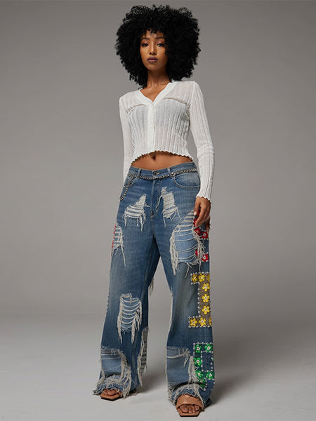 Ripped Printed Jeans