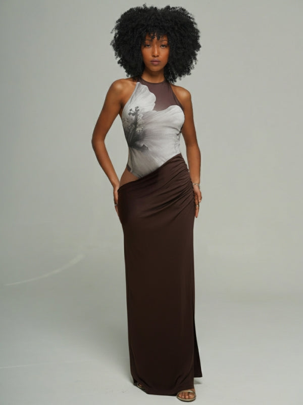 Floral Halter Cutout Maxi Dress