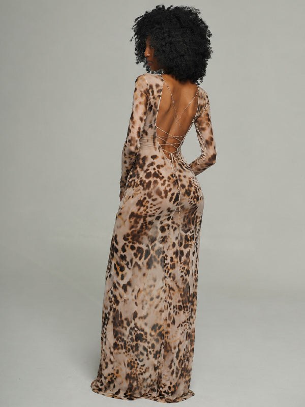 Leopard Lace-Up Maxi Dress