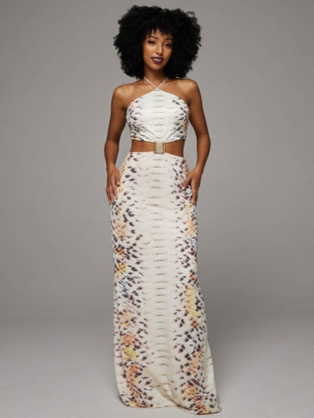 Printed Cutout Halter Maxi Dress