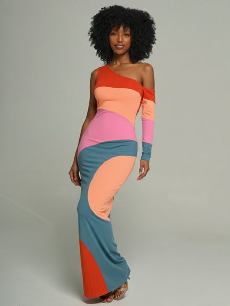 Colorblock Boat-Neck Maxi Dress