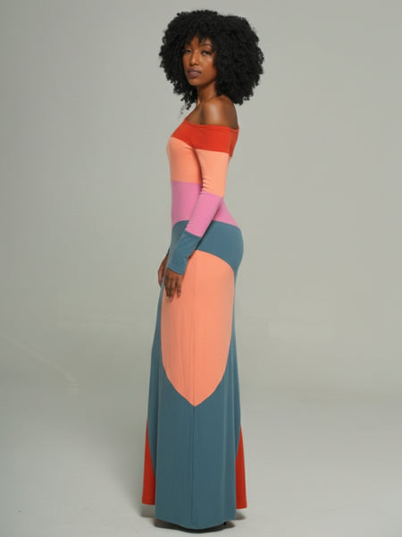 Colorblock Boat-Neck Maxi Dress