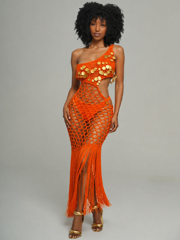 Sequin One-Shoulder Mesh Fringe Dress