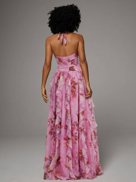 Floral Halter Ruffle Dress