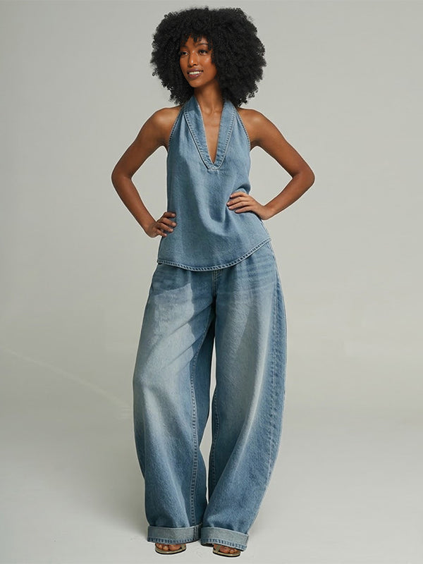 Sleeveless Denim Pants Set