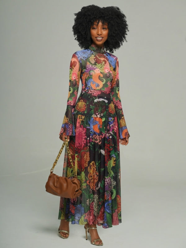 Floral Mock-Neck Top & Skirt Set