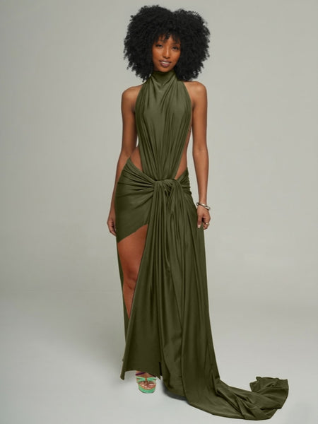 Solid Halter Draped Dress