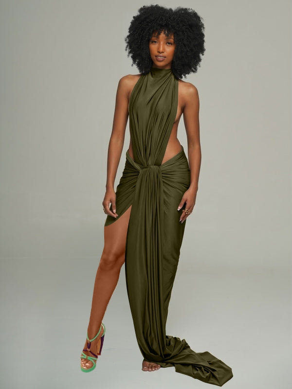 Solid Halter Draped Dress