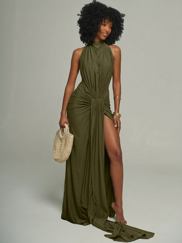 Solid Halter Draped Dress