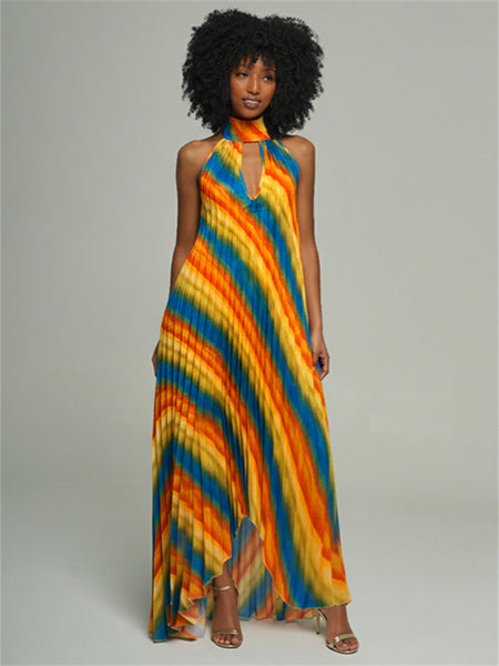 Printed Halter Pleated Dress