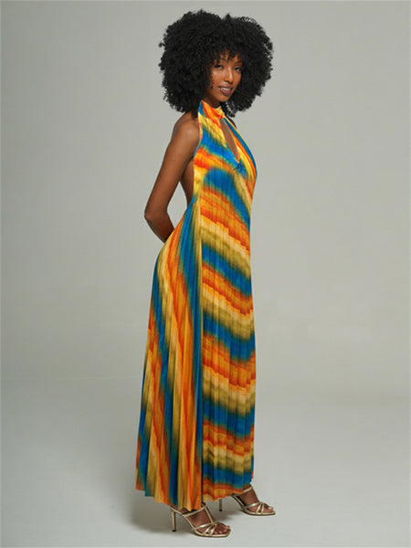 Printed Halter Pleated Dress