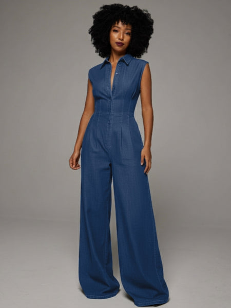 Button-Front Sleeveless Denim Jumpsuit