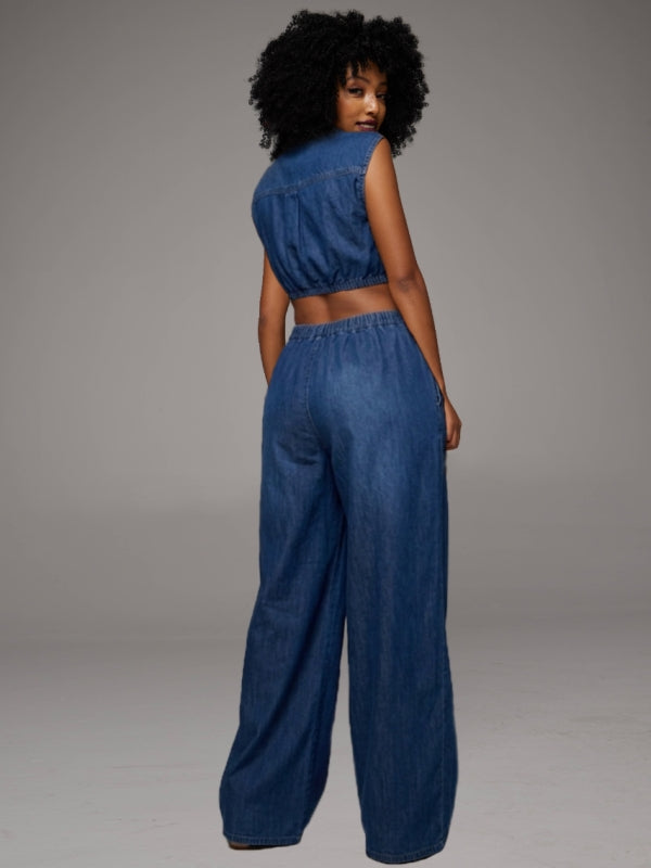 Button-Front Sleeveless Denim Jumpsuit