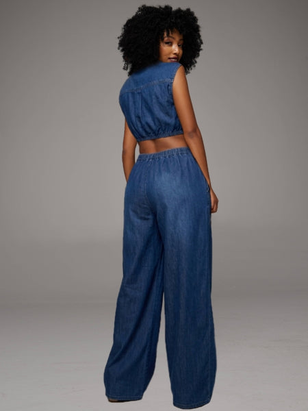 Button-Front Sleeveless Denim Jumpsuit