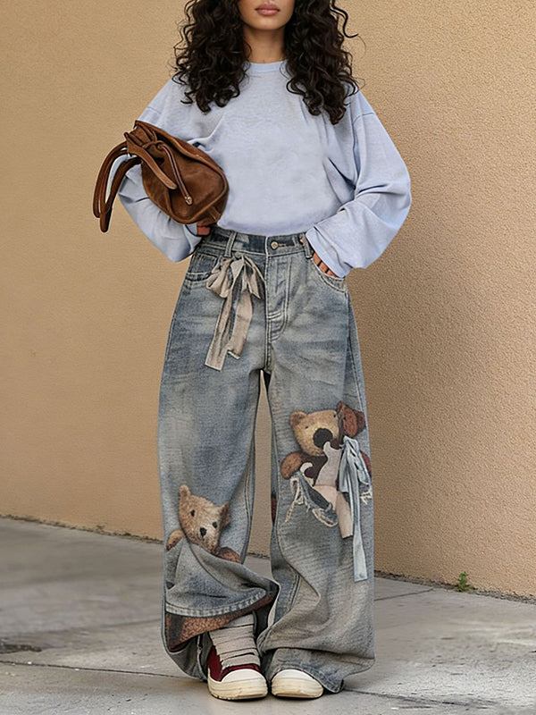 Bear-Print Wide-Leg Jeans