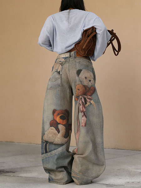 Bear-Print Wide-Leg Jeans