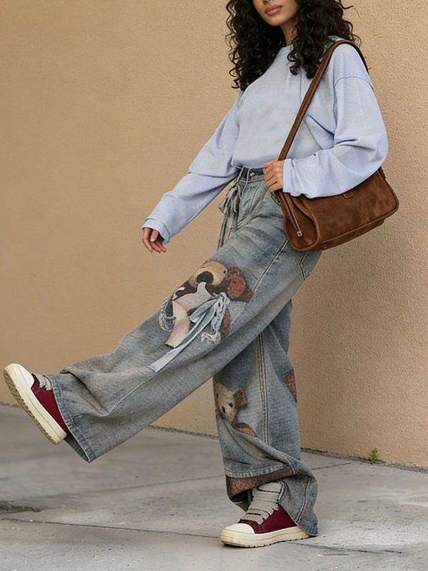 Bear-Print Wide-Leg Jeans