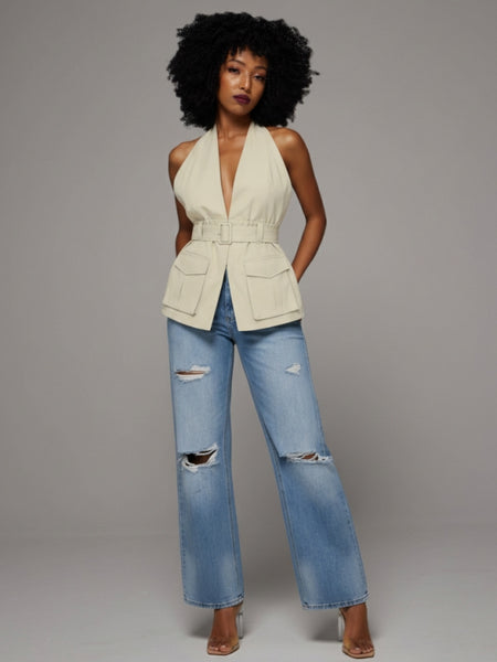 Solid Halter Belted Top