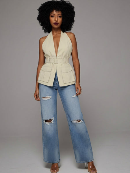 Solid Halter Belted Top