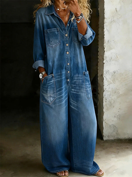 Button-Front Denim Jumpsuit