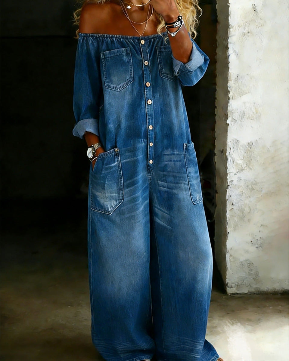Off-Shoulder Denim Jumpsuit