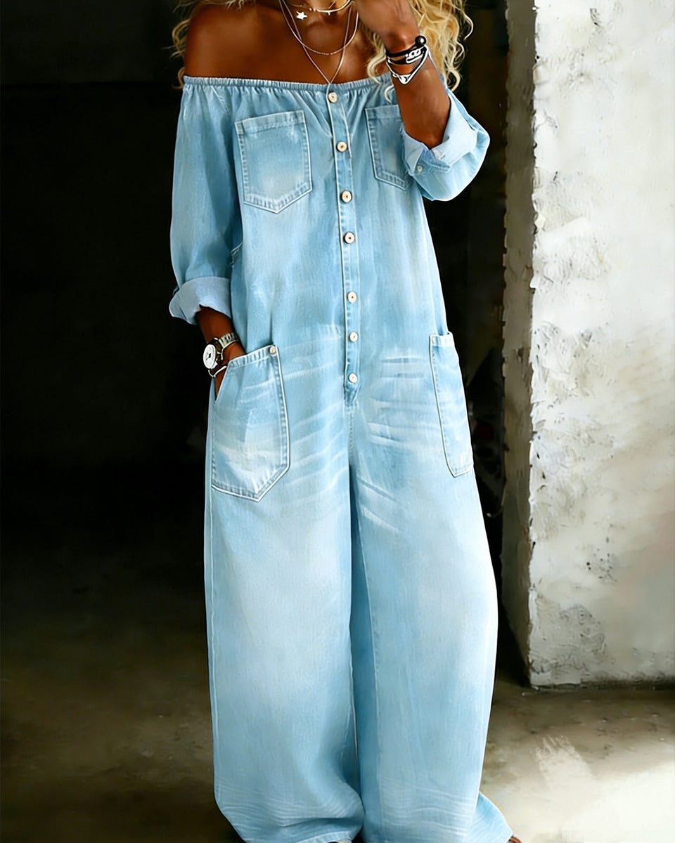 Off-Shoulder Denim Jumpsuit