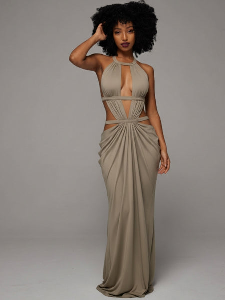 Solid Halter Ruched Maxi Dress HAUS SAVAGE Solid Halter Ruched Maxi Dress HAUS SAVAGE