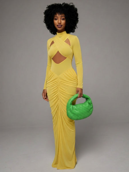 Solid Cutout Ruched Maxi Dress