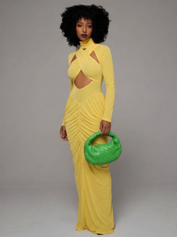 Solid Cutout Ruched Maxi Dress
