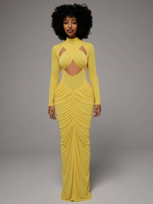 Solid Cutout Ruched Maxi Dress