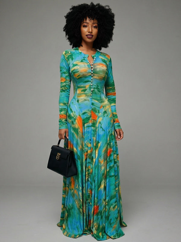 Printed Button-Front Maxi Dress
