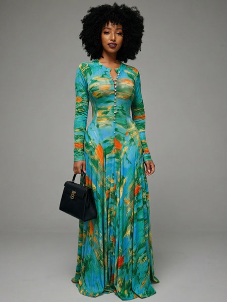 Printed Button-Front Maxi Dress