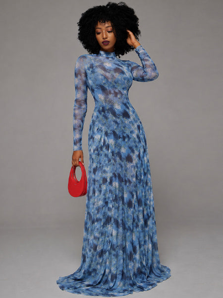 Printed Mock-Neck Maxi Dress