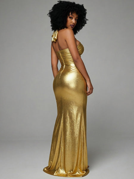 Metallic Halter Slit Maxi Dress
