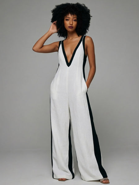 Contrast V-Neck Sleeveless Jumpsuit